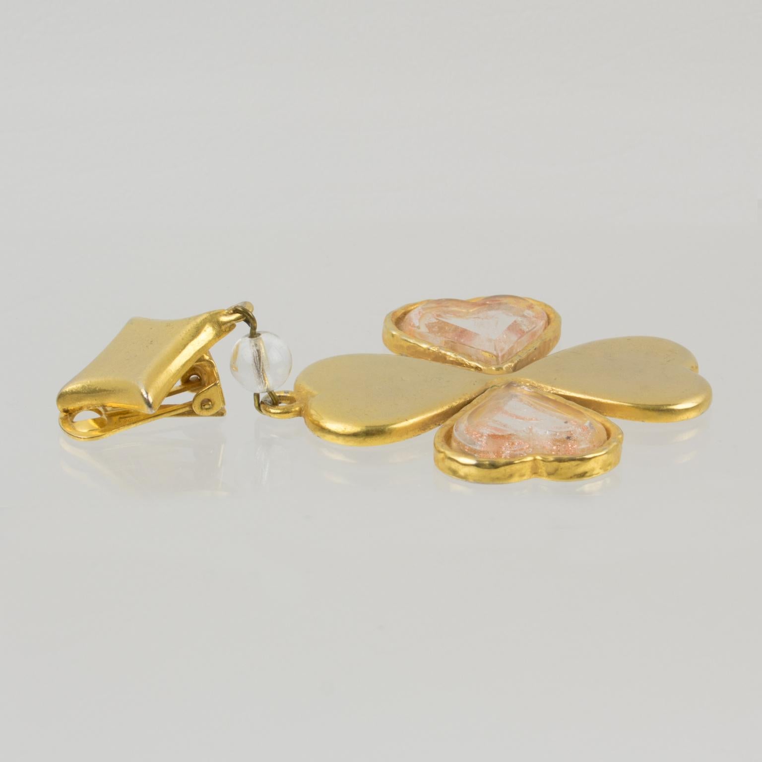 Kenzo Gilded Metal and Acrylic Four-Leaf Clover Dangle Clip-on Earrings For Sale 1