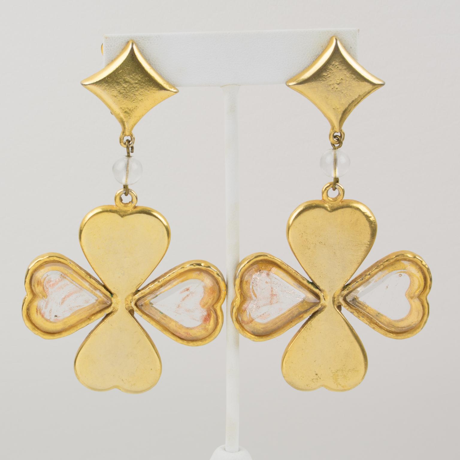 Kenzo Gilded Metal and Acrylic Four-Leaf Clover Dangle Clip-on Earrings For Sale 2