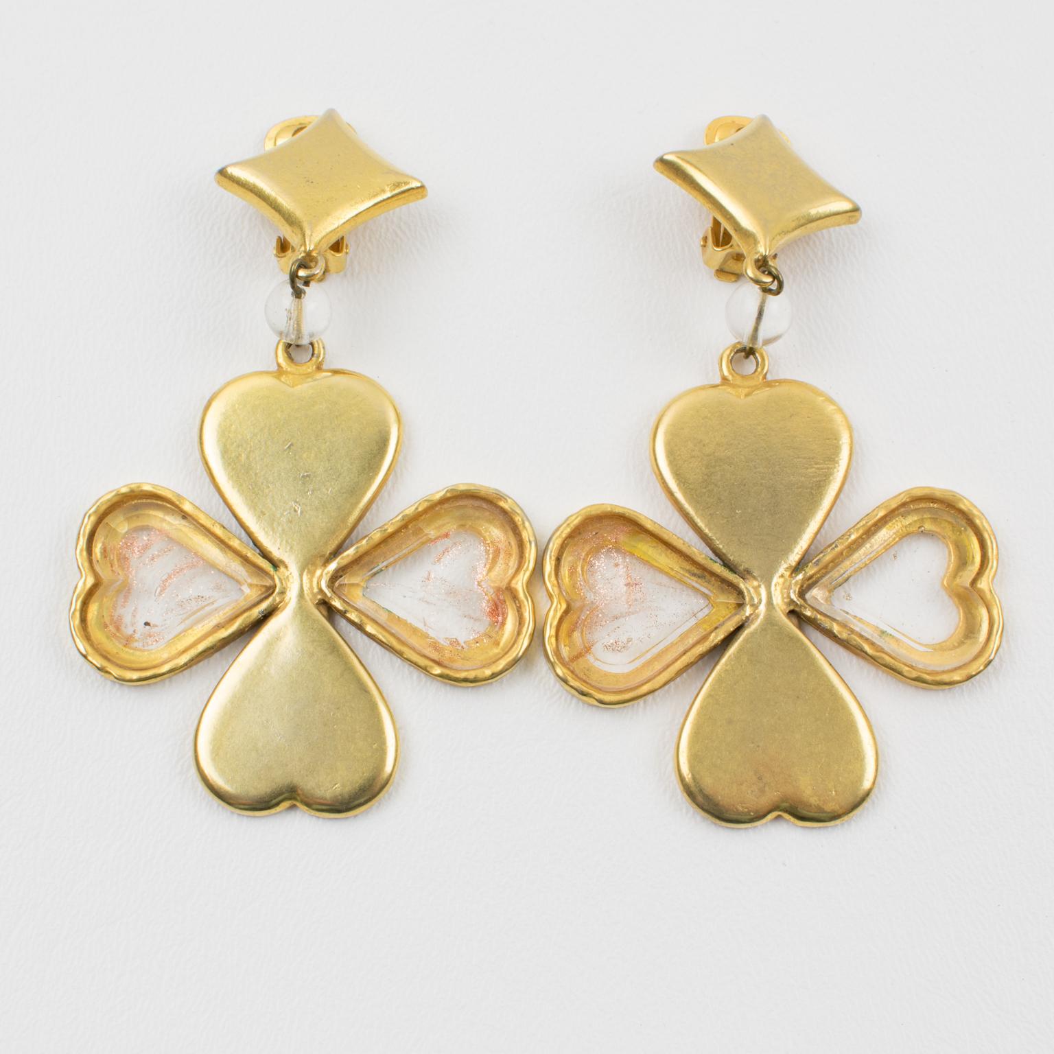 Kenzo Gilded Metal and Acrylic Four-Leaf Clover Dangle Clip-on Earrings For Sale 3