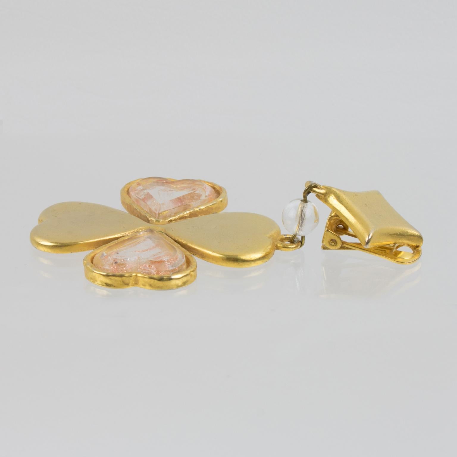 Kenzo Gilded Metal and Acrylic Four-Leaf Clover Dangle Clip-on Earrings For Sale 3