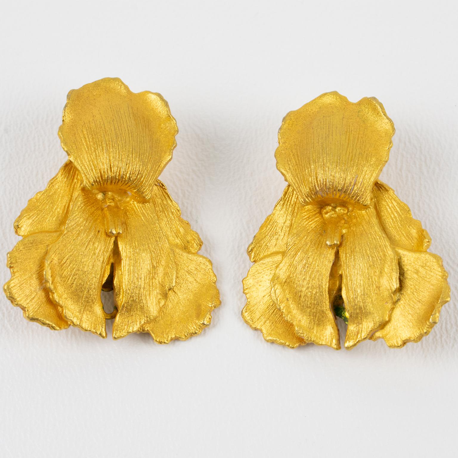 Modern Kenzo Gilded Metal Iris Flower Clip Earrings For Sale