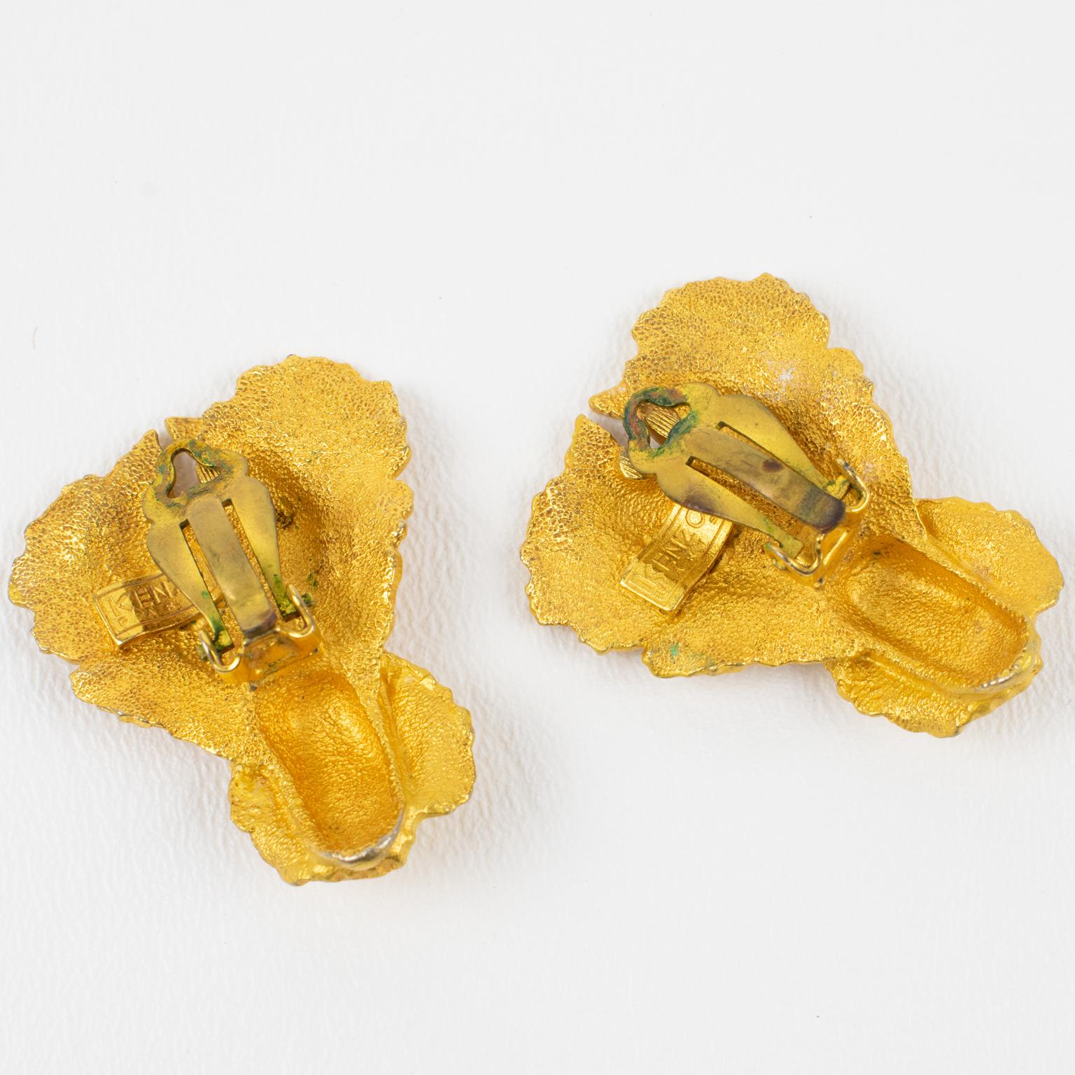 Kenzo Gilded Metal Iris Flower Clip Earrings In Good Condition For Sale In Atlanta, GA