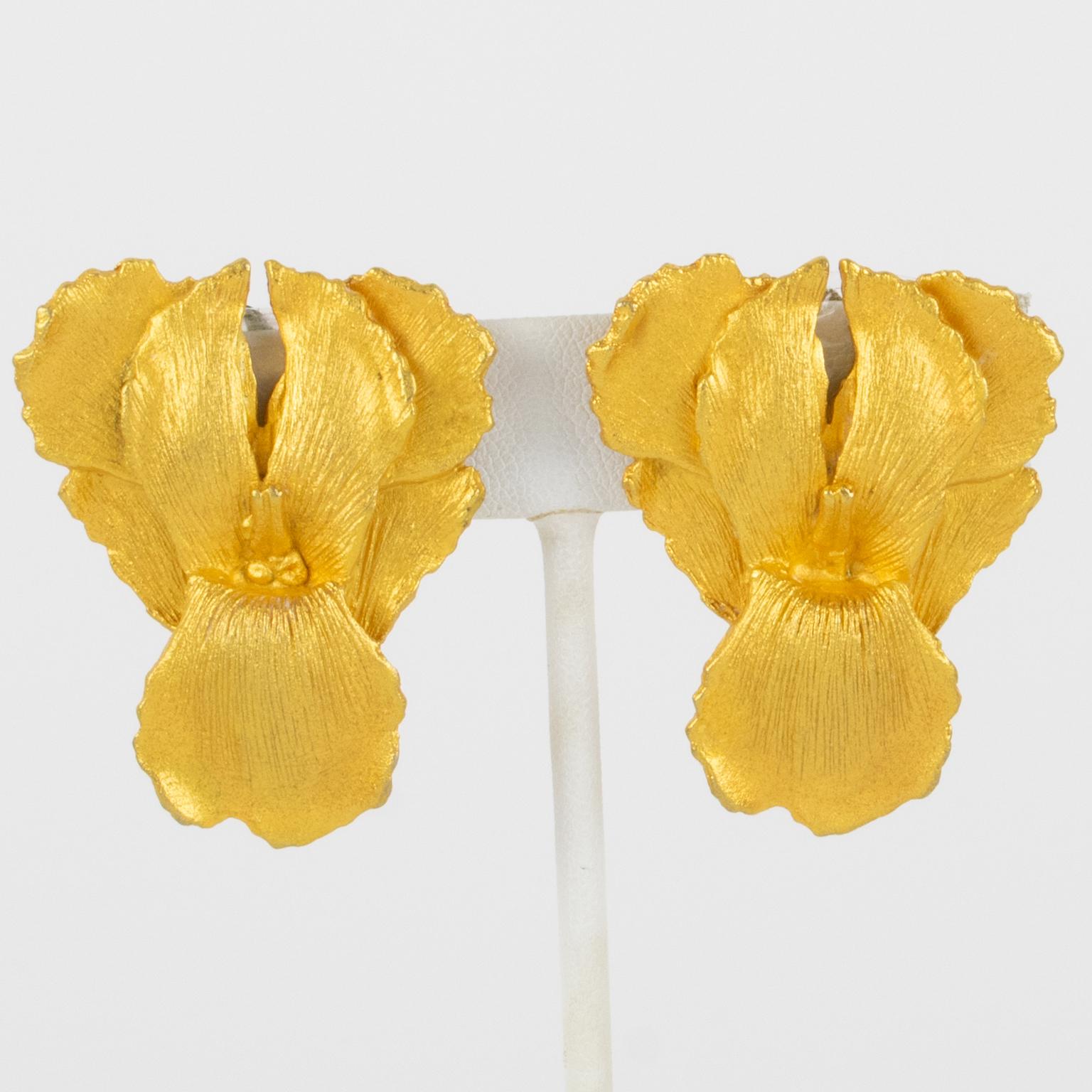 Kenzo Gilded Metal Iris Flower Clip Earrings For Sale 2