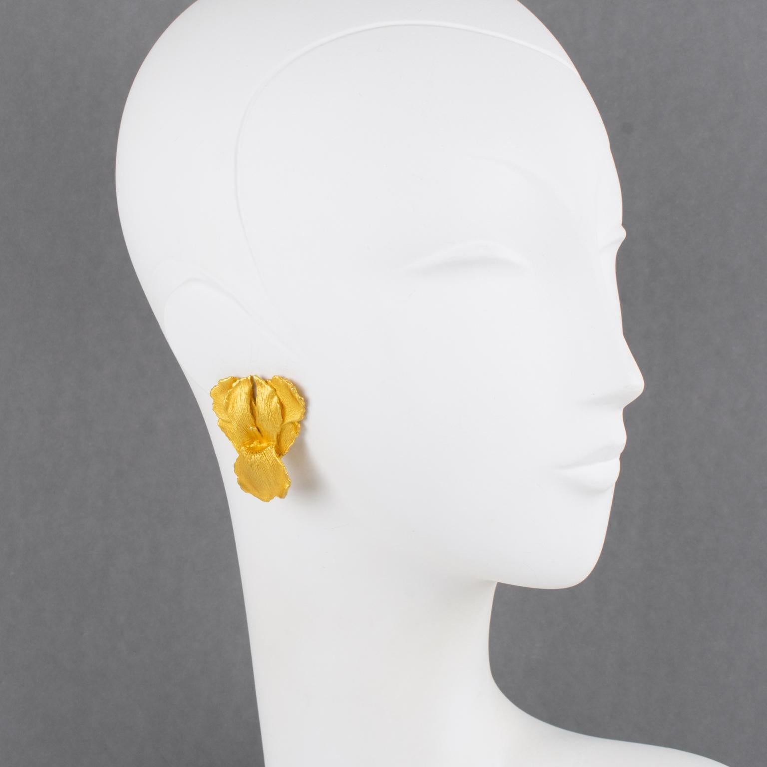 Kenzo Gilded Metal Iris Flower Clip Earrings For Sale 4