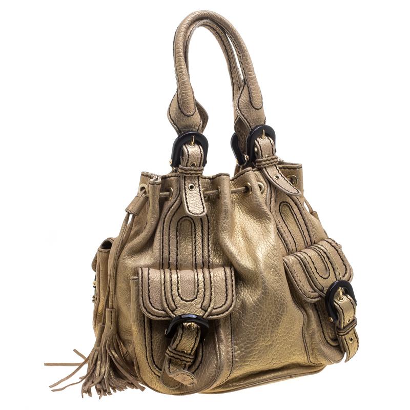 Brown Kenzo Gold Leather Drawstring Studded Bucket Bag