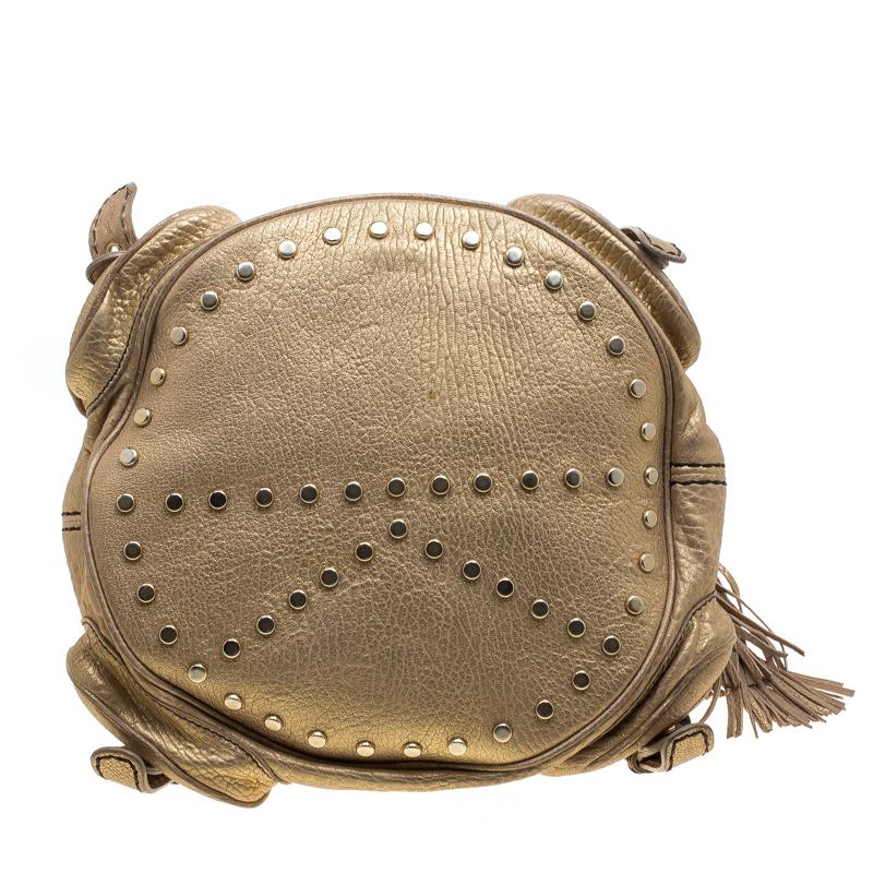 Women's Kenzo Gold Leather Drawstring Studded Bucket Bag