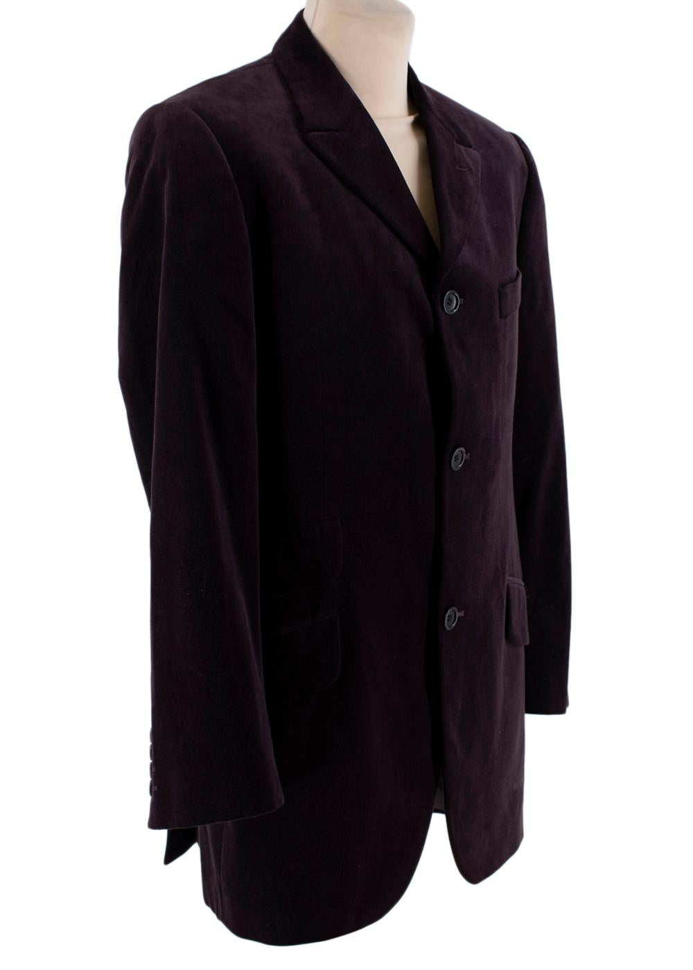 Kenzo Grape Wool Velvet Single Breasted Suit

-Made of soft wool velvet 
-Gorgeous deep grape hue 
-Classic single breasted cut 
Jacket:
-Button fastening to the front 
-Buttoned cuffs 
-Fully lined 
-4 pockets to the front 
-3 interior pockets