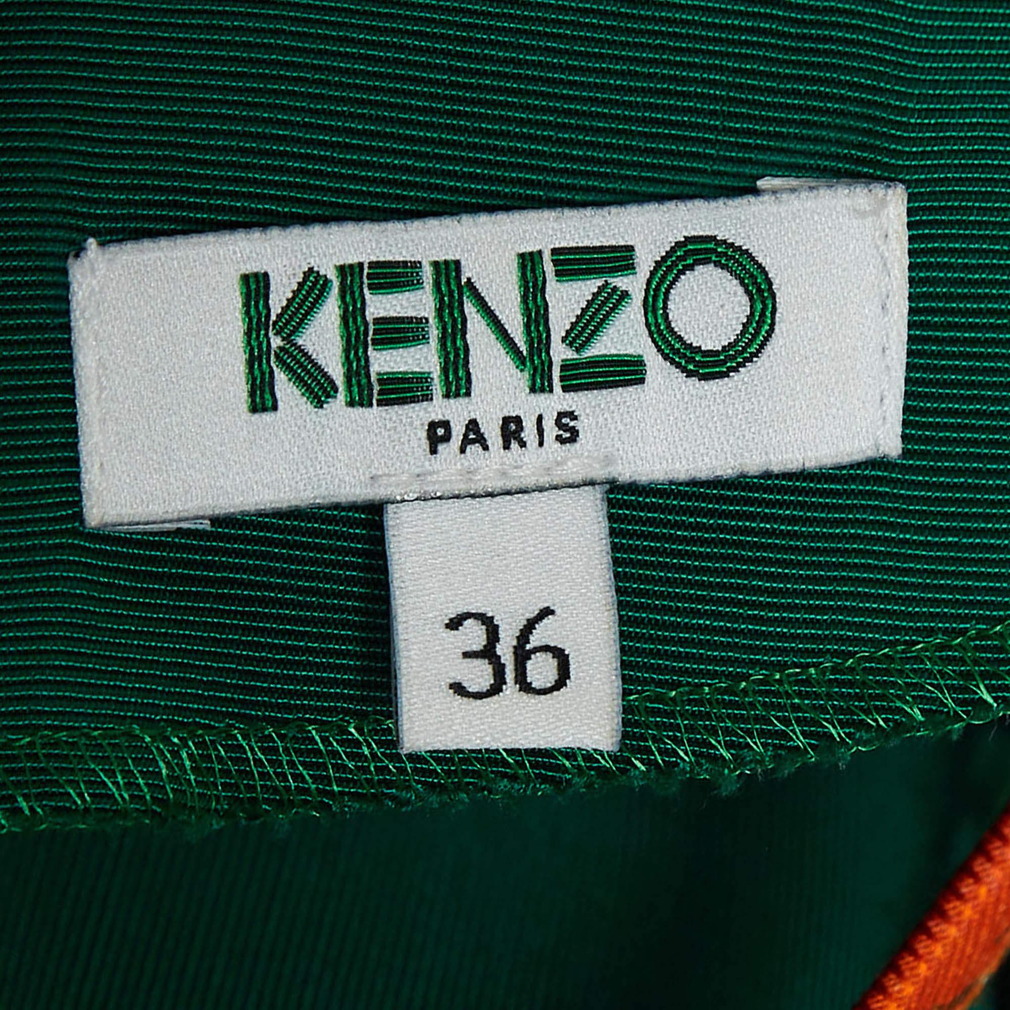 Women's Kenzo Green Cotton Blend Patterned Neck Top S For Sale