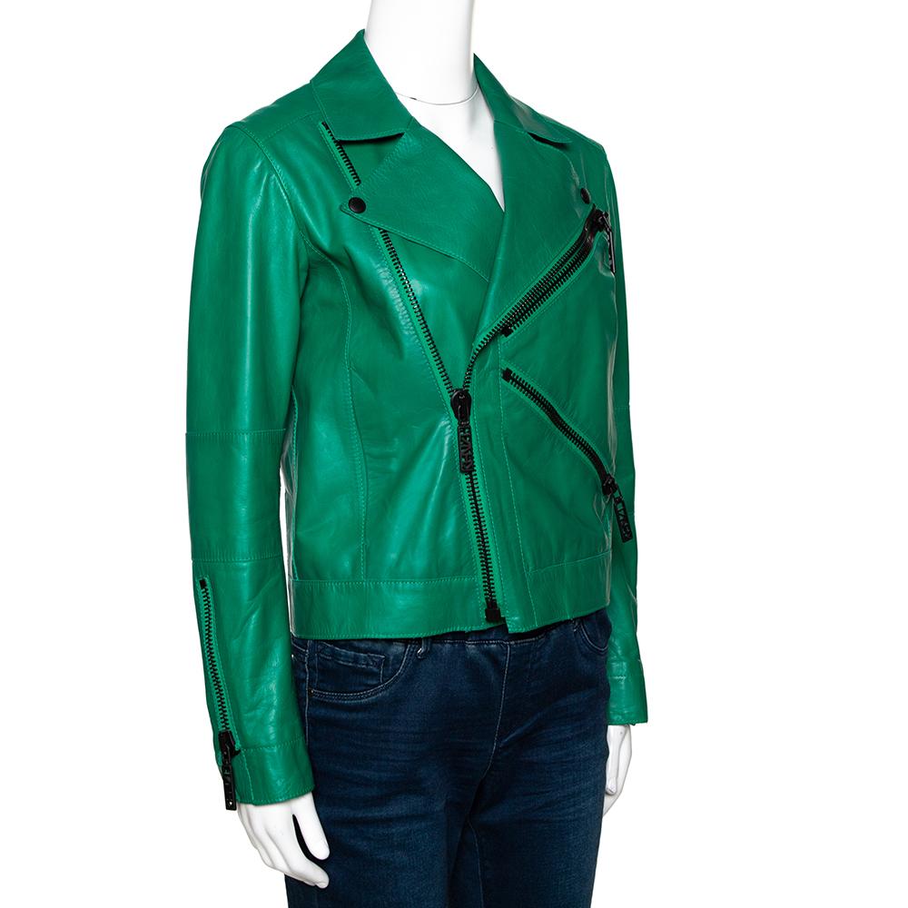 A statement leather jacket like this one will make sure you are on top of your style game always. Crafted from pure leather, it carries a green hue that is striking. The jacket has a zipped front, zipped pockets and a signature eye motif beautifully