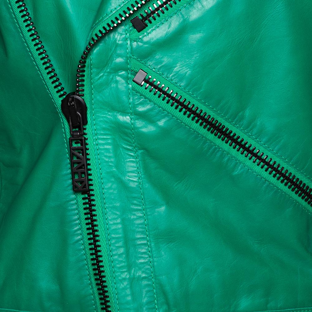 Kenzo Green Eye Embroidered Leather Zip Front Jacket S For Sale 