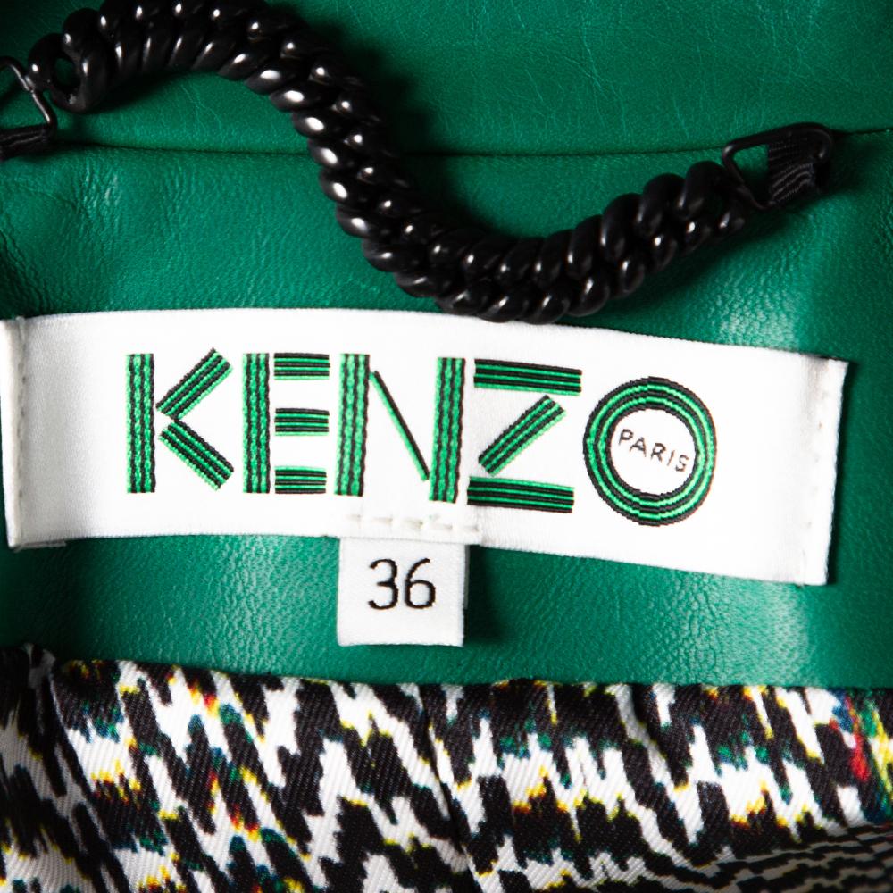 Kenzo Green Eye Embroidered Leather Zip Front Jacket S 1