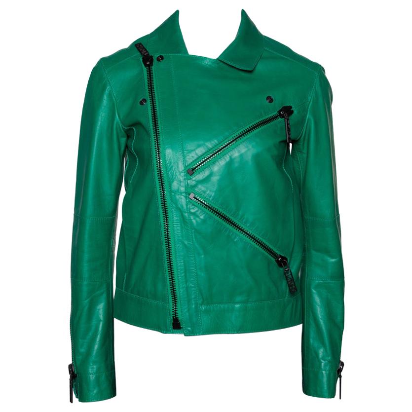 Kenzo Green Eye Embroidered Leather Zip Front Jacket S