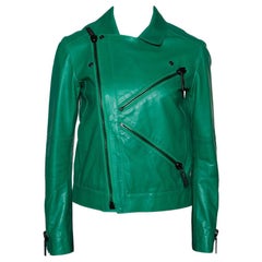 Kenzo Green Eye Embroidered Leather Zip Front Jacket S