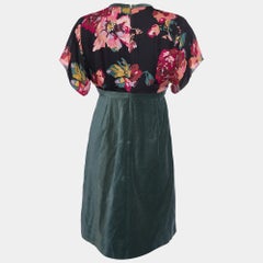 Kenzo Green Floral Print Silk & Velvet Knee-Length Dress M