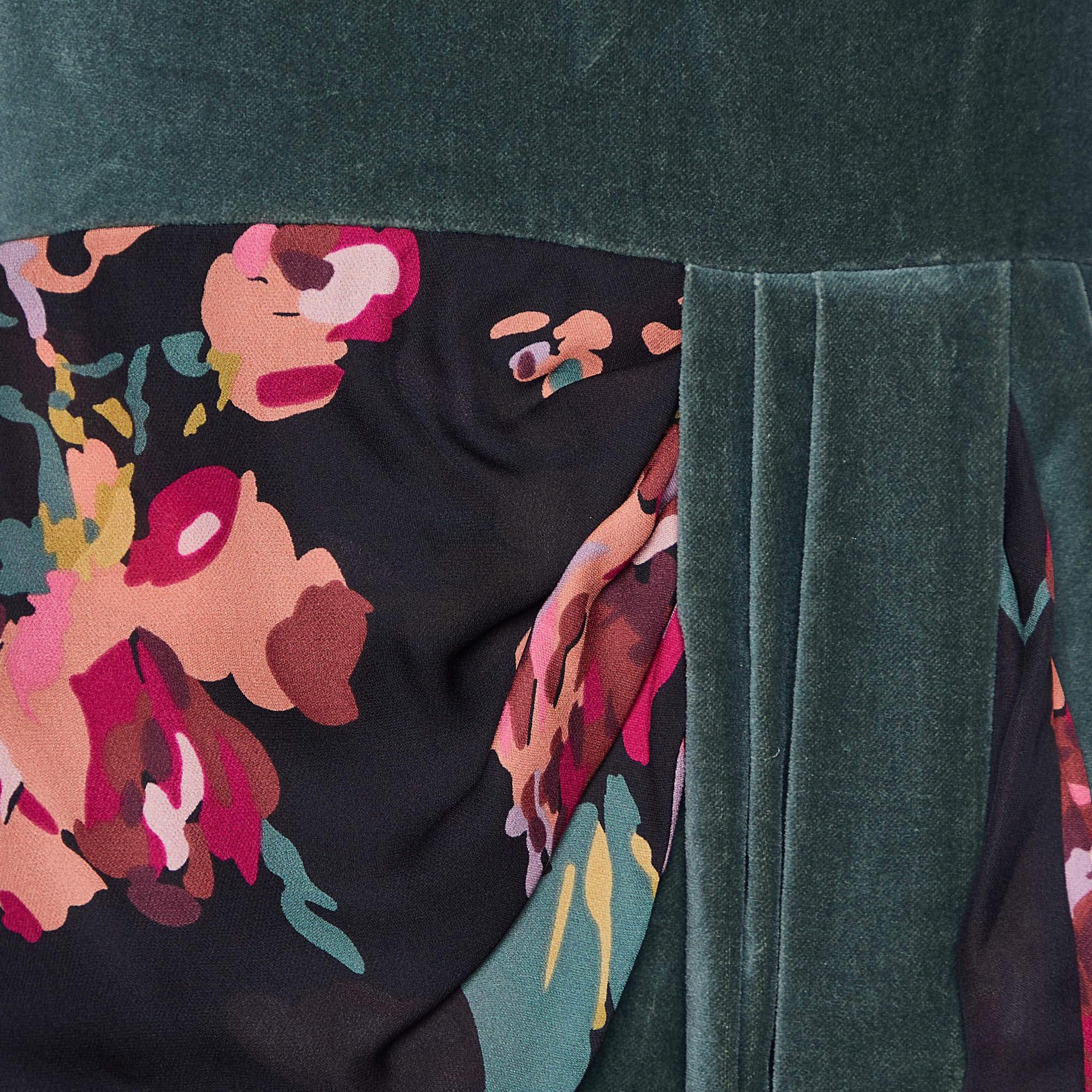 Black Kenzo Green Floral Print Silk & Velvet Knee-Length Dress M For Sale