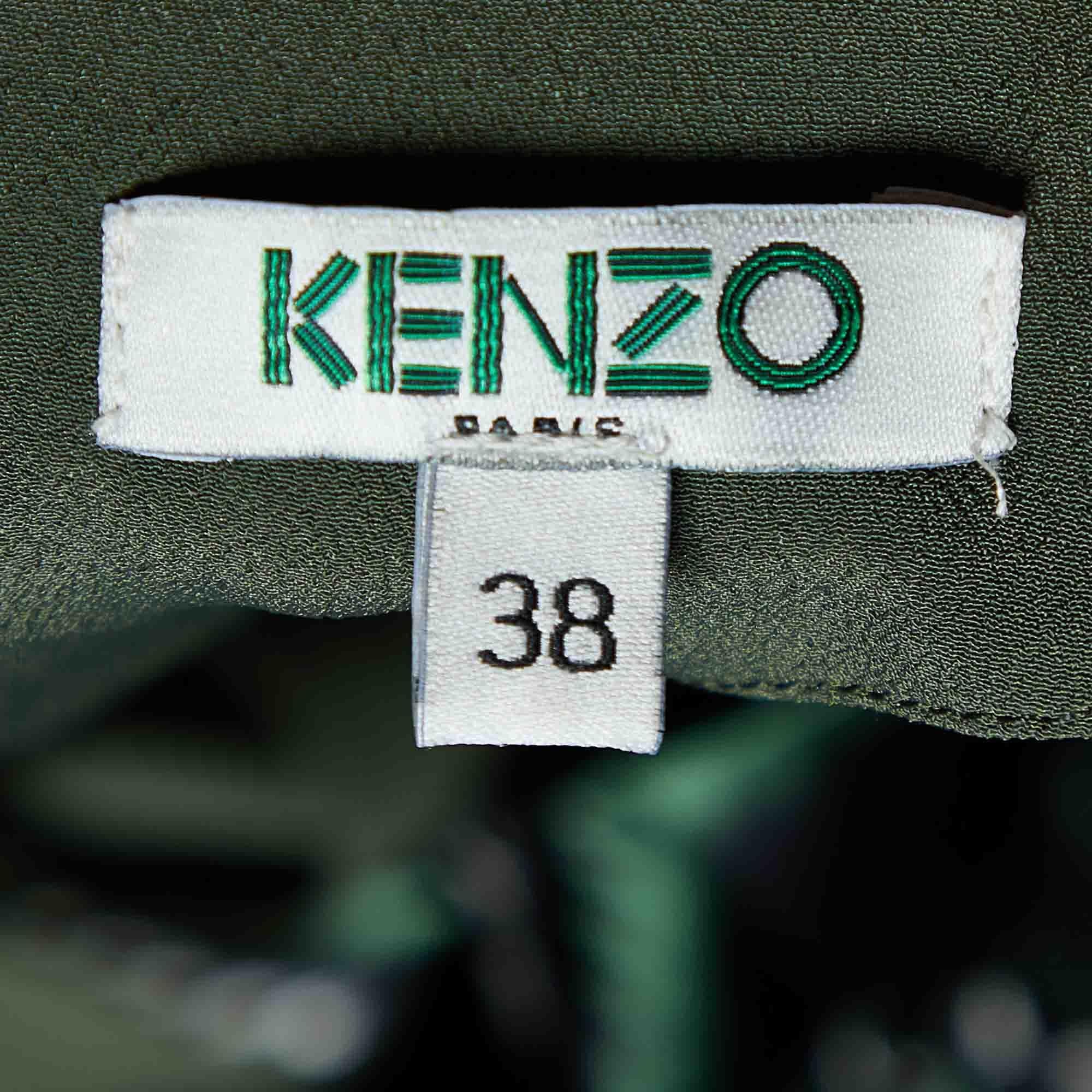 Kenzo Green Printed Silk Short Sleeve Top M In Good Condition For Sale In Dubai, Al Qouz 2