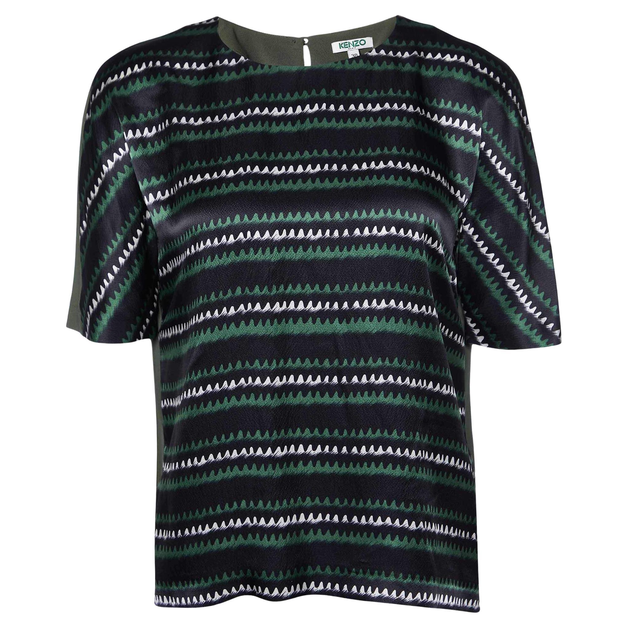 Kenzo Green Printed Silk Short Sleeve Top M For Sale