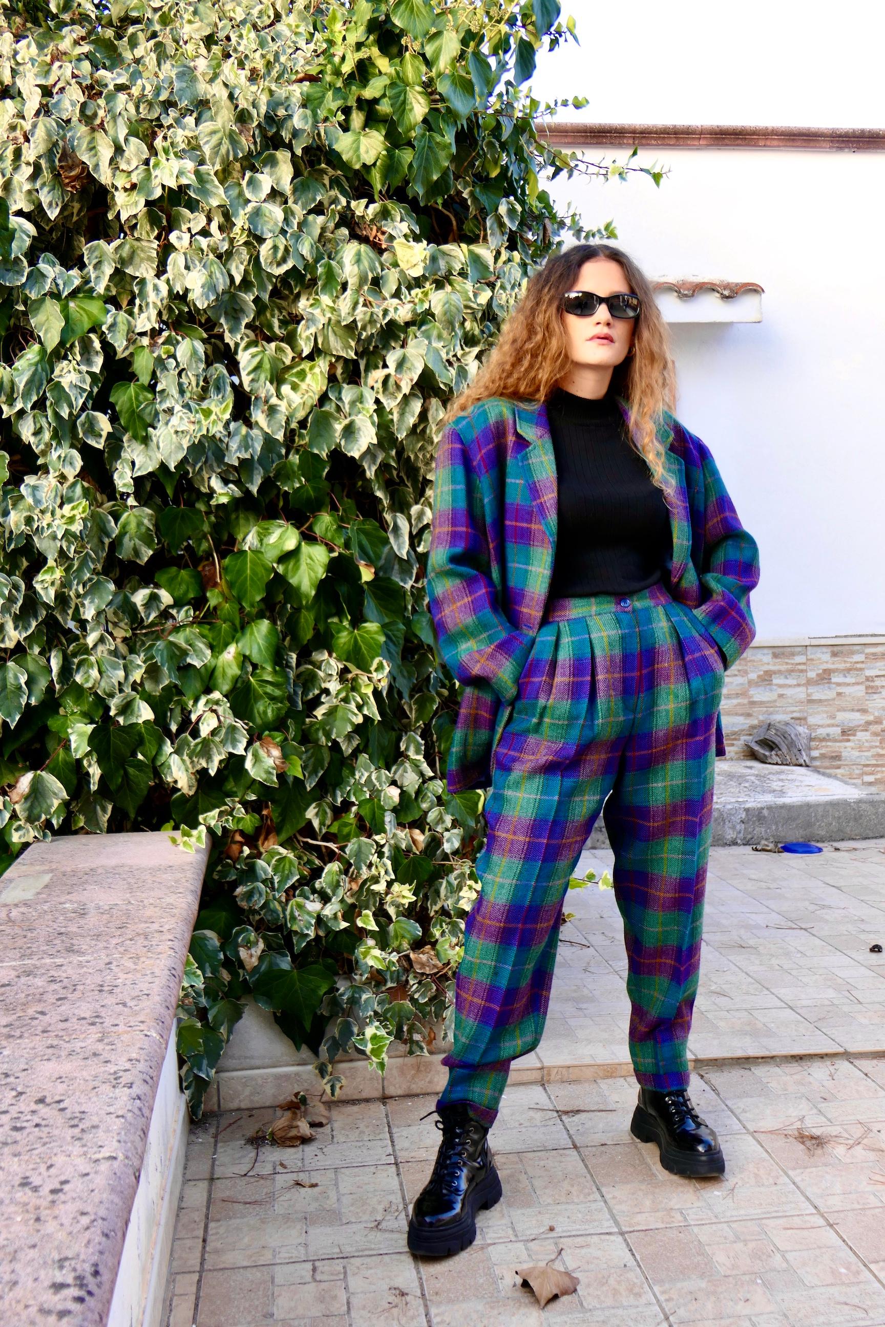 Kenzo 80s vintage woman's dress wool check. Pants suit with jacket and plaid trousers with purple squares green. The dress is fully lined. Composition 100% wool. Classic 80's comfortable fit jacket, trousers with adjustable waist, low crotch. Made
