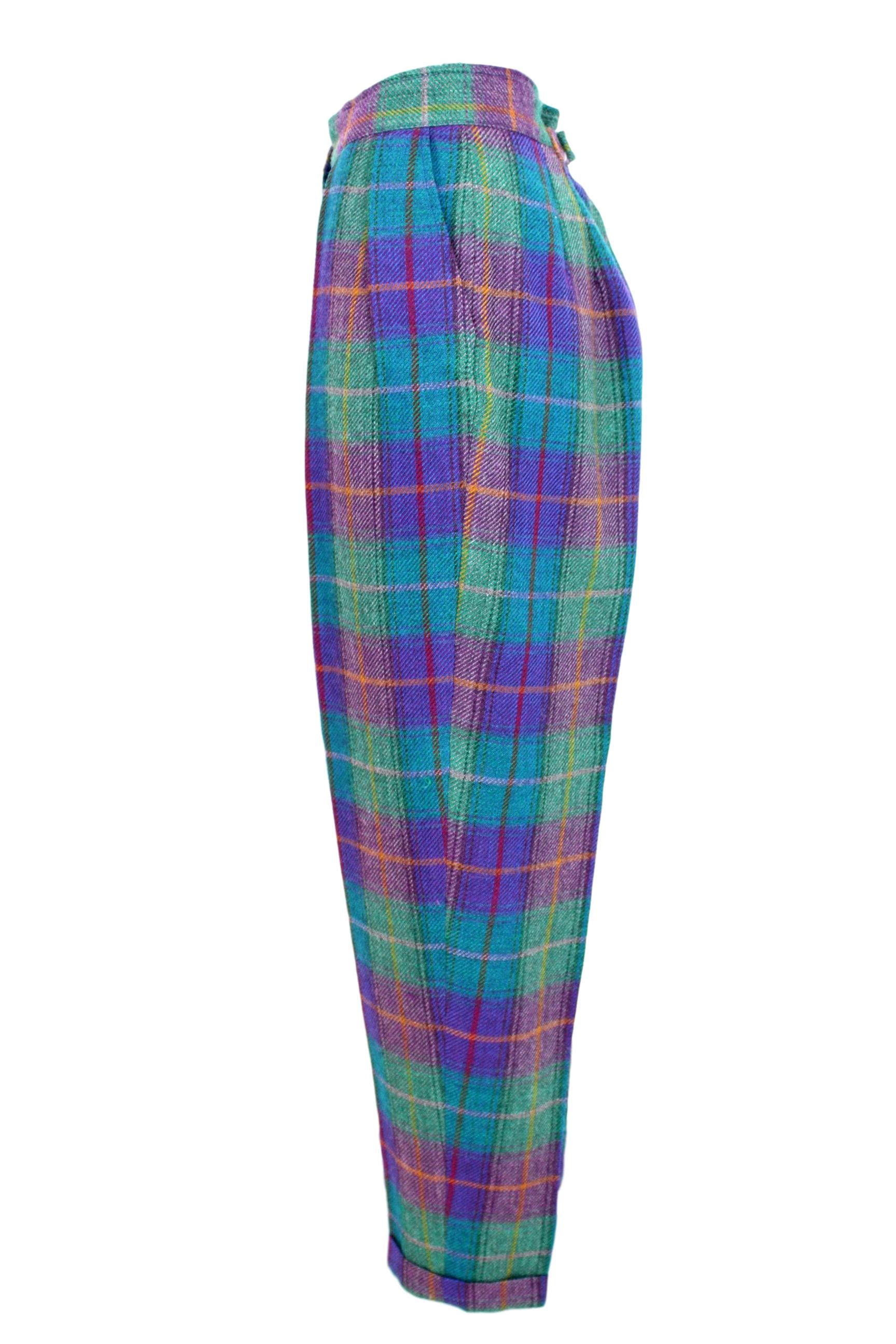 Kenzo Green Tartan Wool Check Pants Suit Dress 1980s 2