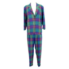 Vintage Kenzo Green Tartan Wool Check Pants Suit Dress 1980s