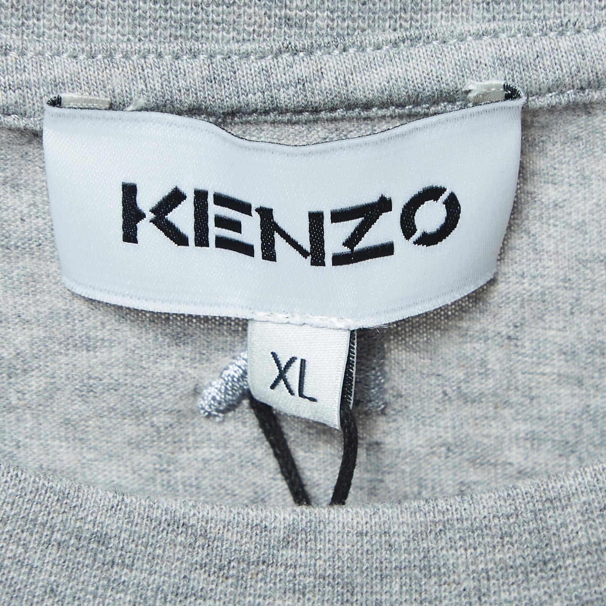 Gray Kenzo Grey Artwork Printed Cotton Knit Classic Fit T-Shirt XL For Sale