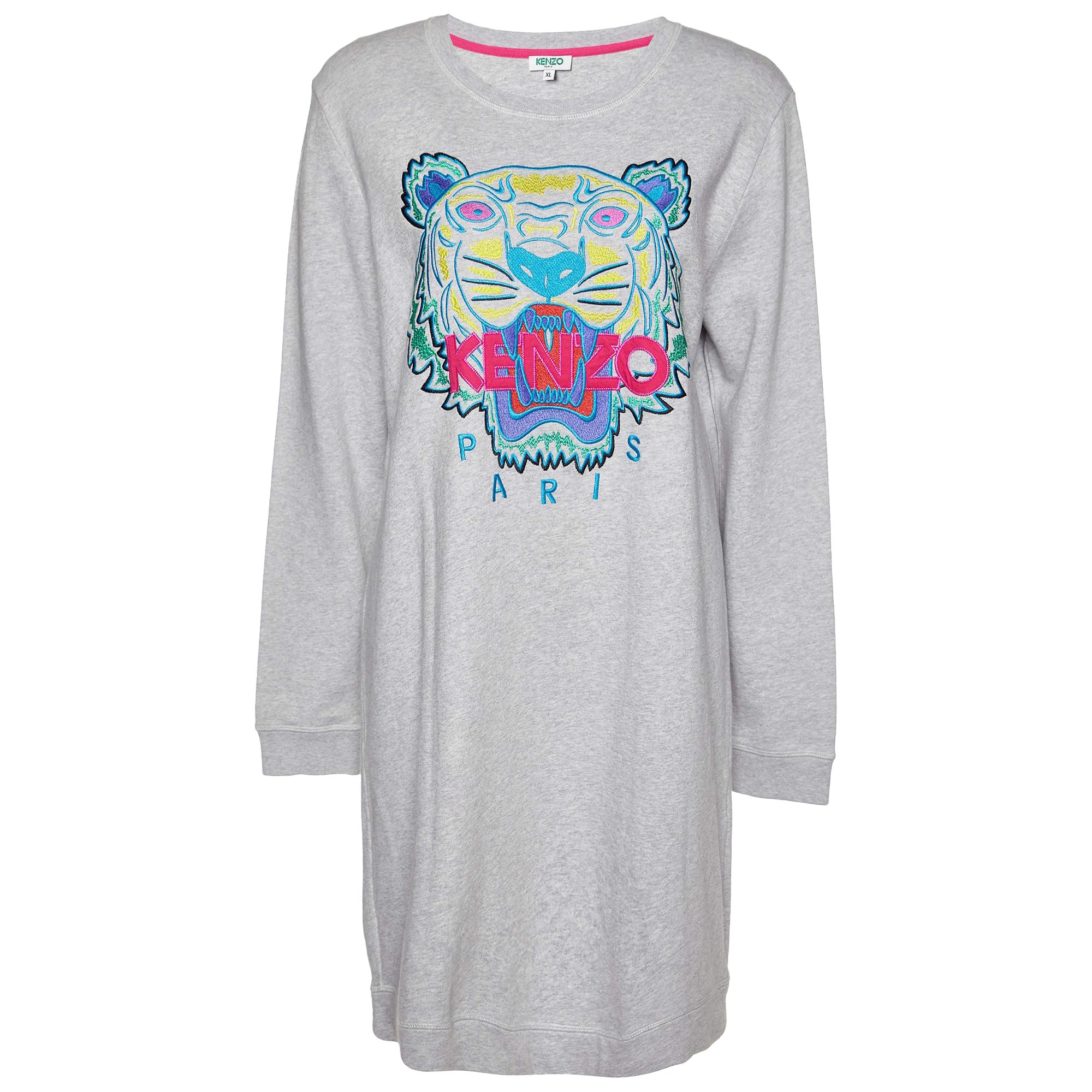 Kenzo Vestido Suéter Bordado Tigre Algodón Gris XL en venta