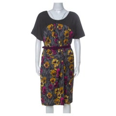 Kenzo Grey Floral Brushstroke Print Stretch Cotton Belted Dress M