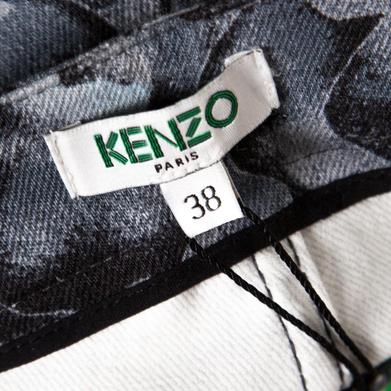 Kenzo Grey Floral Print Washed Denim Zip Detail Skinny Jeans M In New Condition In Dubai, Al Qouz 2