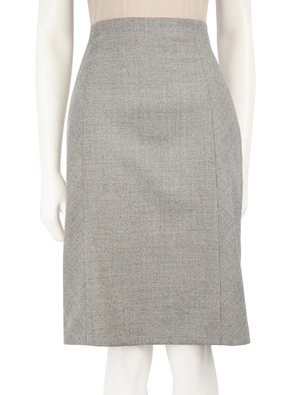 CONDITION is Very good. Hardly any visible wear to skirt is evident on this used Kenzo designer resale item. 
 
 
 
 Details
 
 
 Grey
 
 Wool
 
 Skirt
 
 Micro houndstooth pattern
 
 Knee length
 
 Figure hugging fit
 
 Gathered accent on back
 
