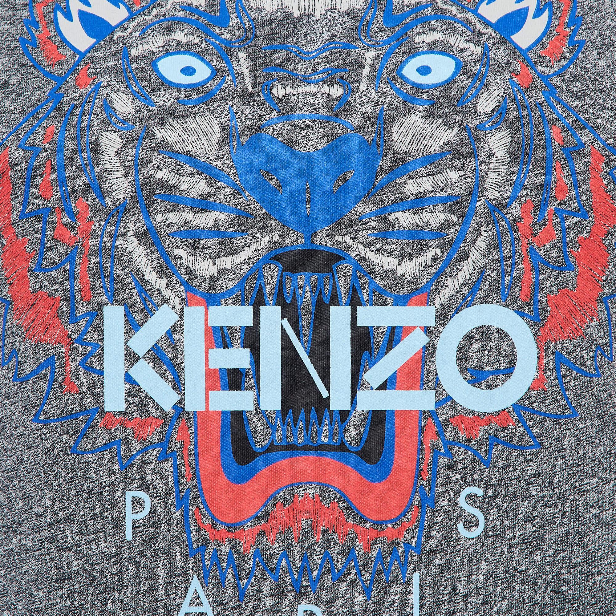 Gray Kenzo Grey Lion Print Melange Knit T-Shirt S For Sale