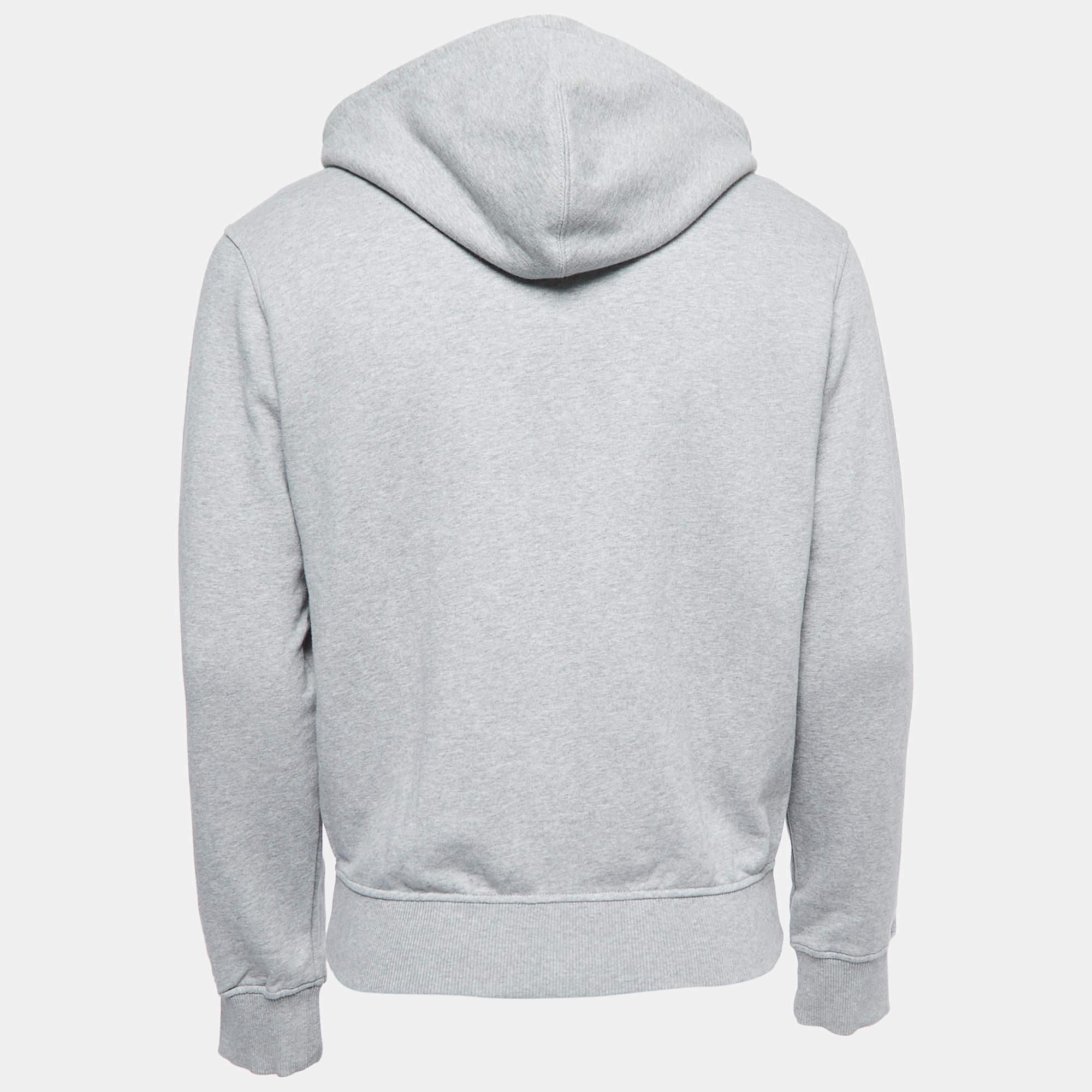 Gray Kenzo Grey Logo Patch Cotton Zip Front Hooded Jacket XS For Sale