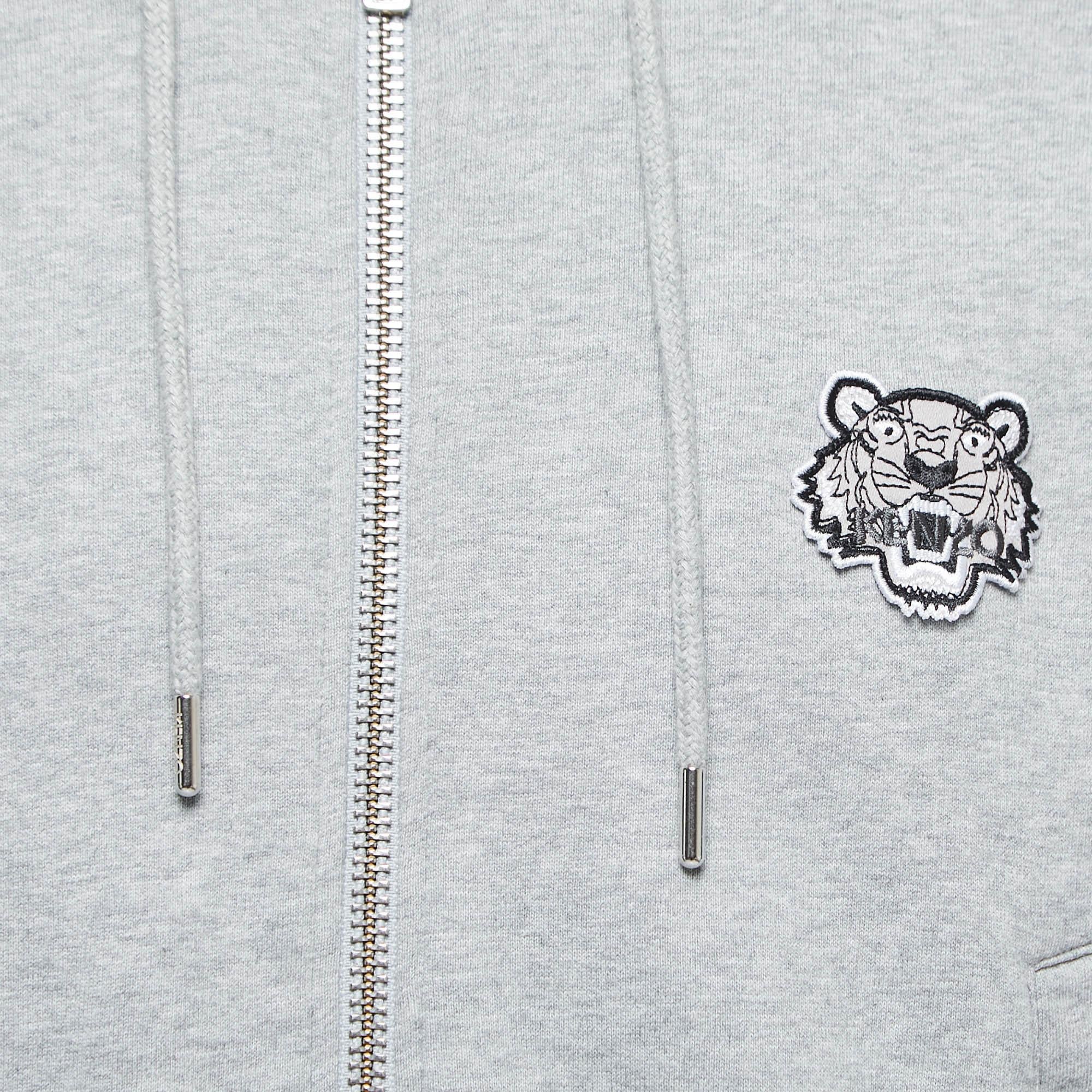 Kenzo Grey Logo Patch Cotton Zip Front Hooded Jacket XS In Good Condition For Sale In Dubai, Al Qouz 2