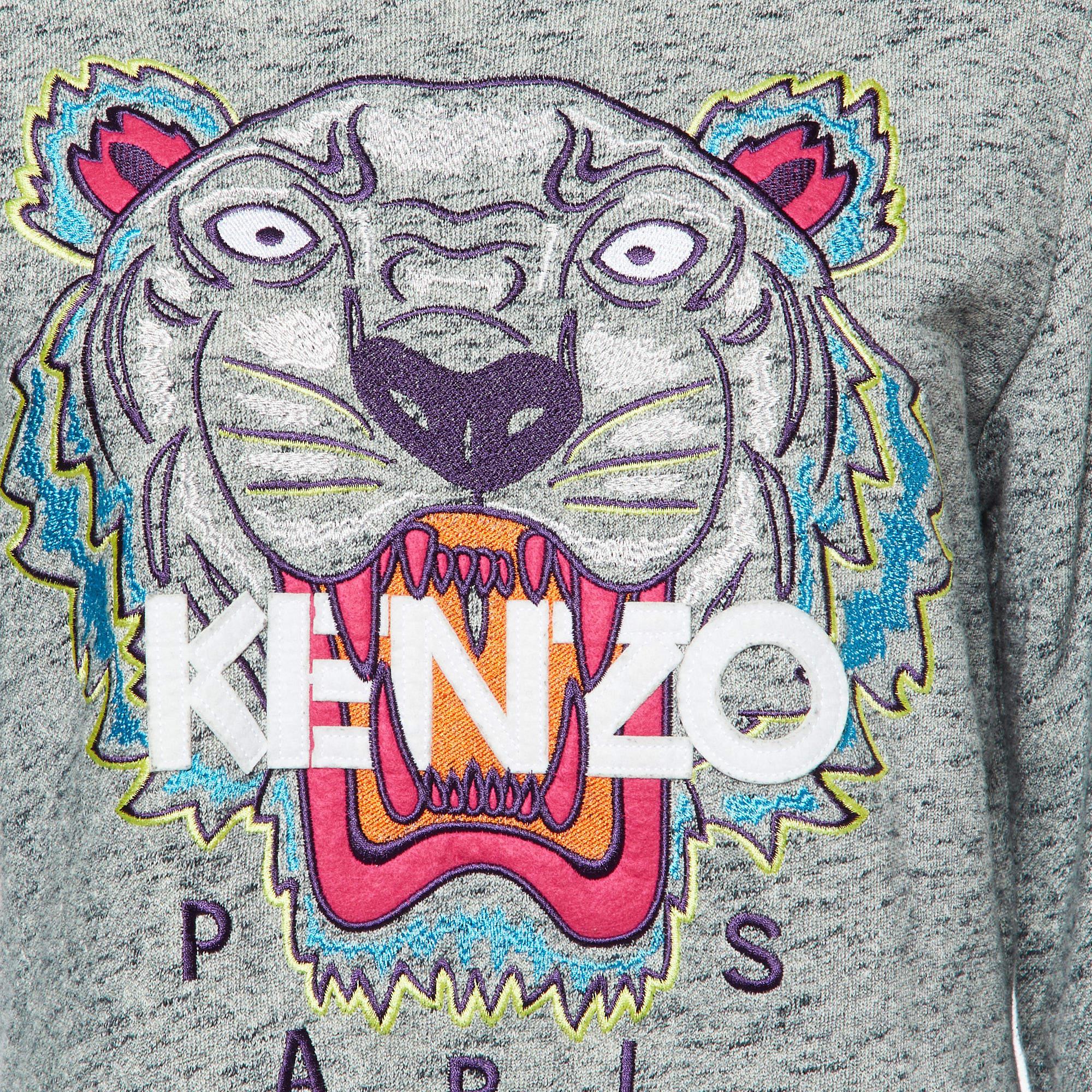 Gray Kenzo Grey Melange Knit Tiger Embroidered Sweater Dress L For Sale