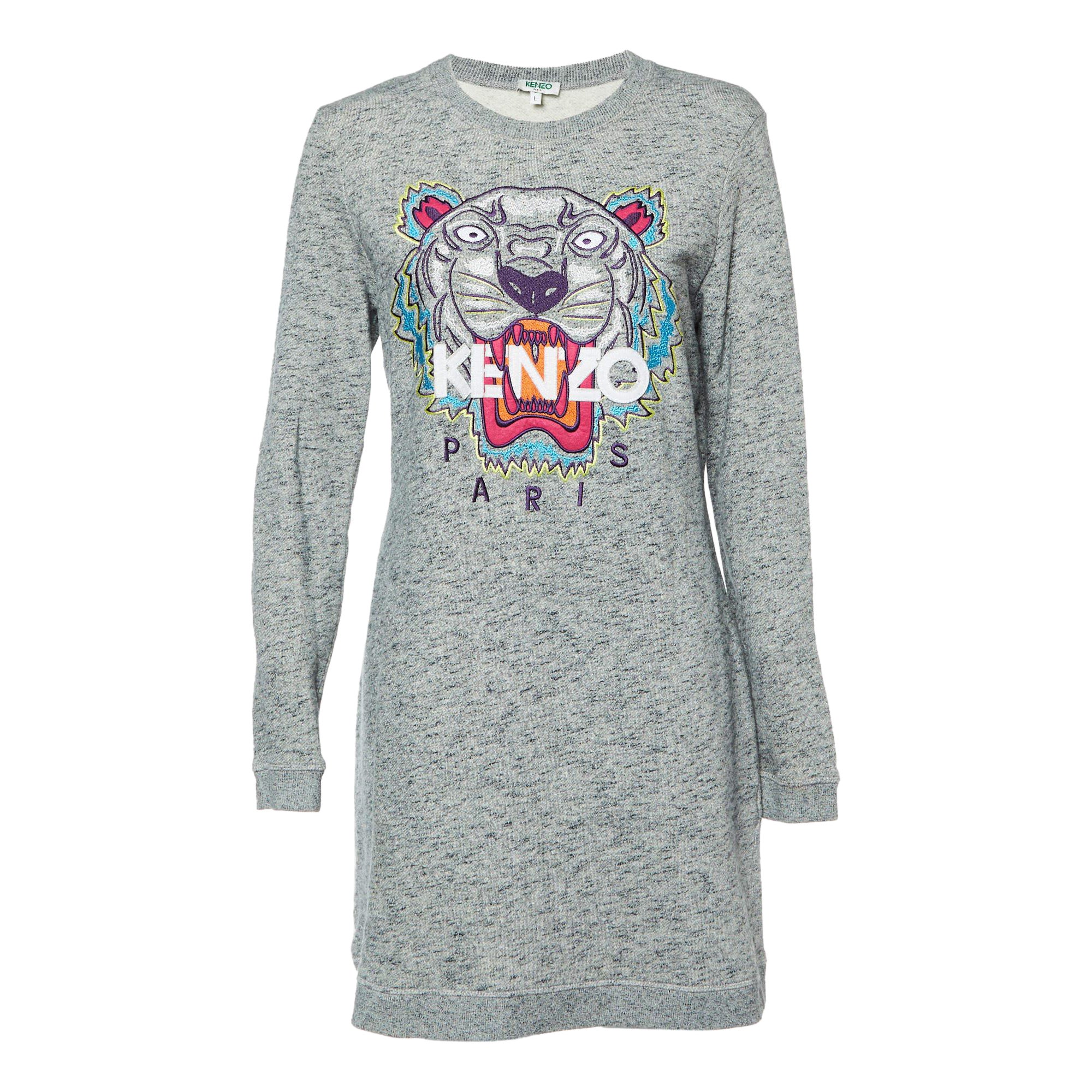 Kenzo, maglione ricamato con tigre in maglia melange grigia, L.L.A.