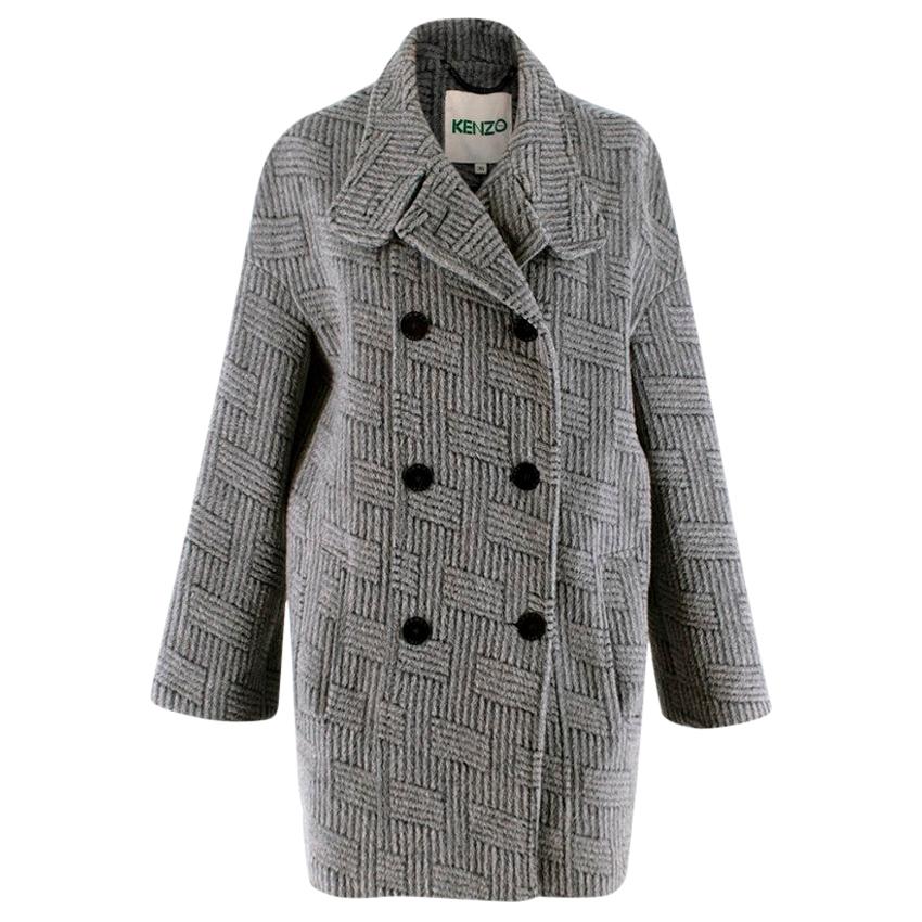 Kenzo Grey Patterned Wool & Mohair Double Breasted Coat - Size US 6 For Sale
