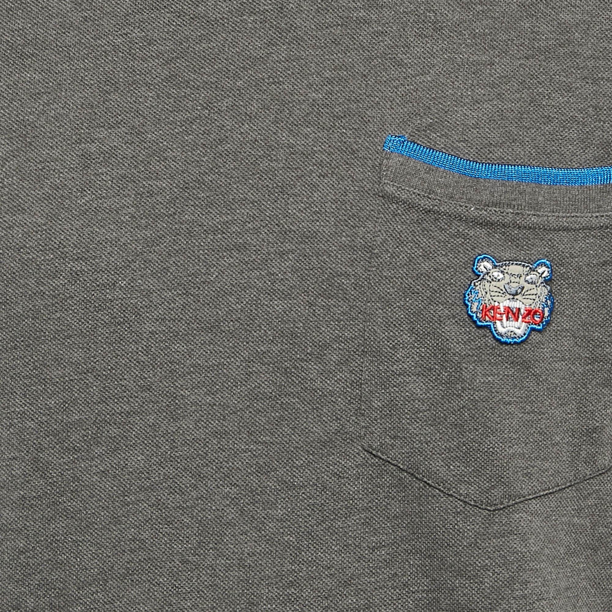 Kenzo Grau Tiger Applique Tasche Pique Baumwolle T-Shirt XL im Zustand „Gut“ im Angebot in Dubai, Al Qouz 2