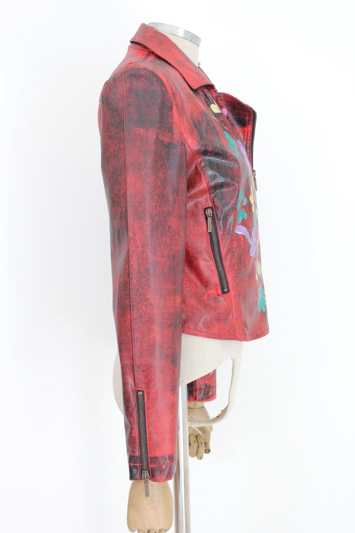 Kenzo Hand Painted Red Floral Biker Jacket at 1stDibs