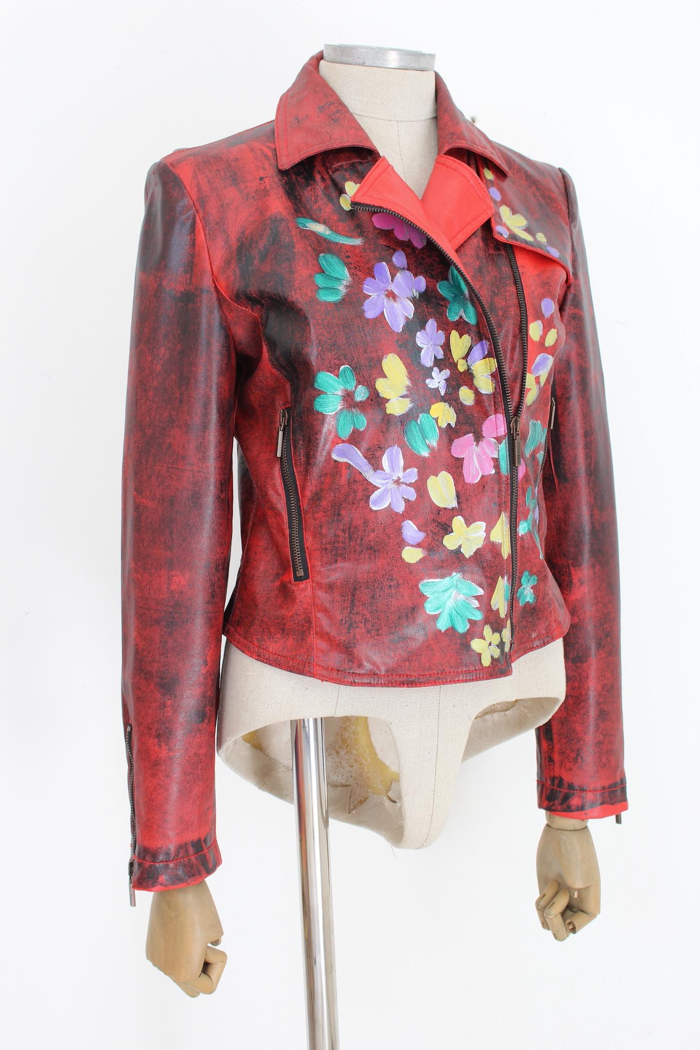 Kenzo Hand Painted Red Floral Biker Jacket at 1stDibs