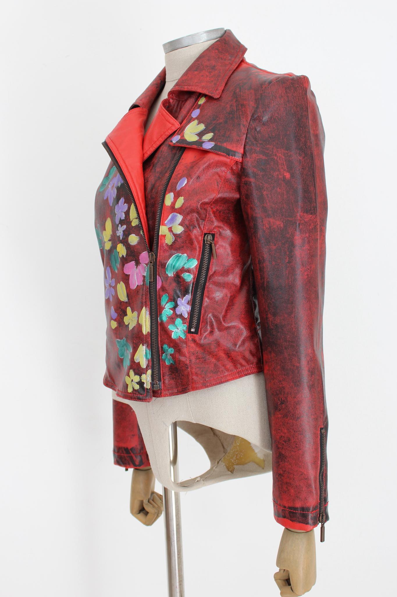 Kenzo Hand Painted Red Floral Biker Jacket at 1stDibs