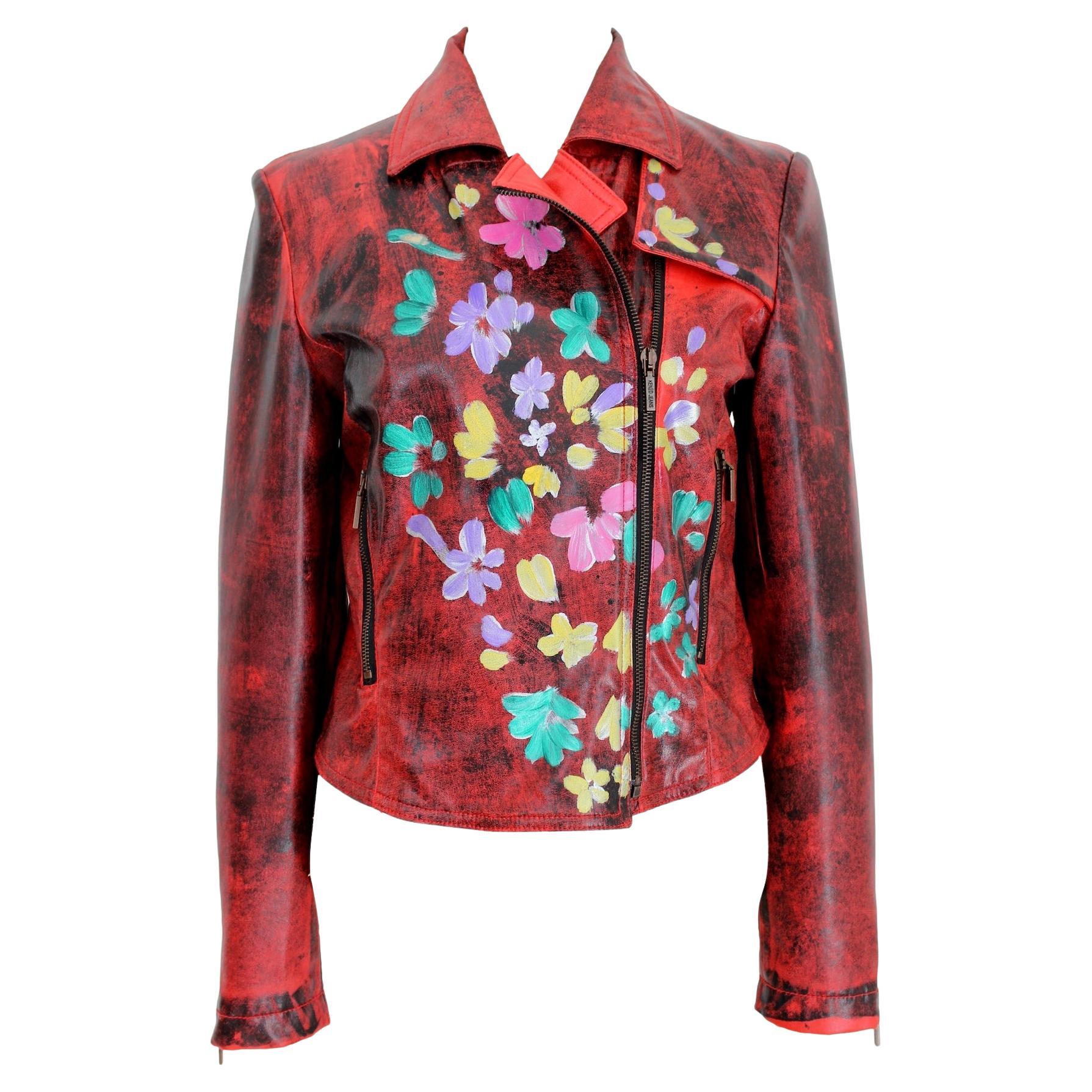 Kenzo Hand Painted Red Floral Biker Jacket at 1stDibs