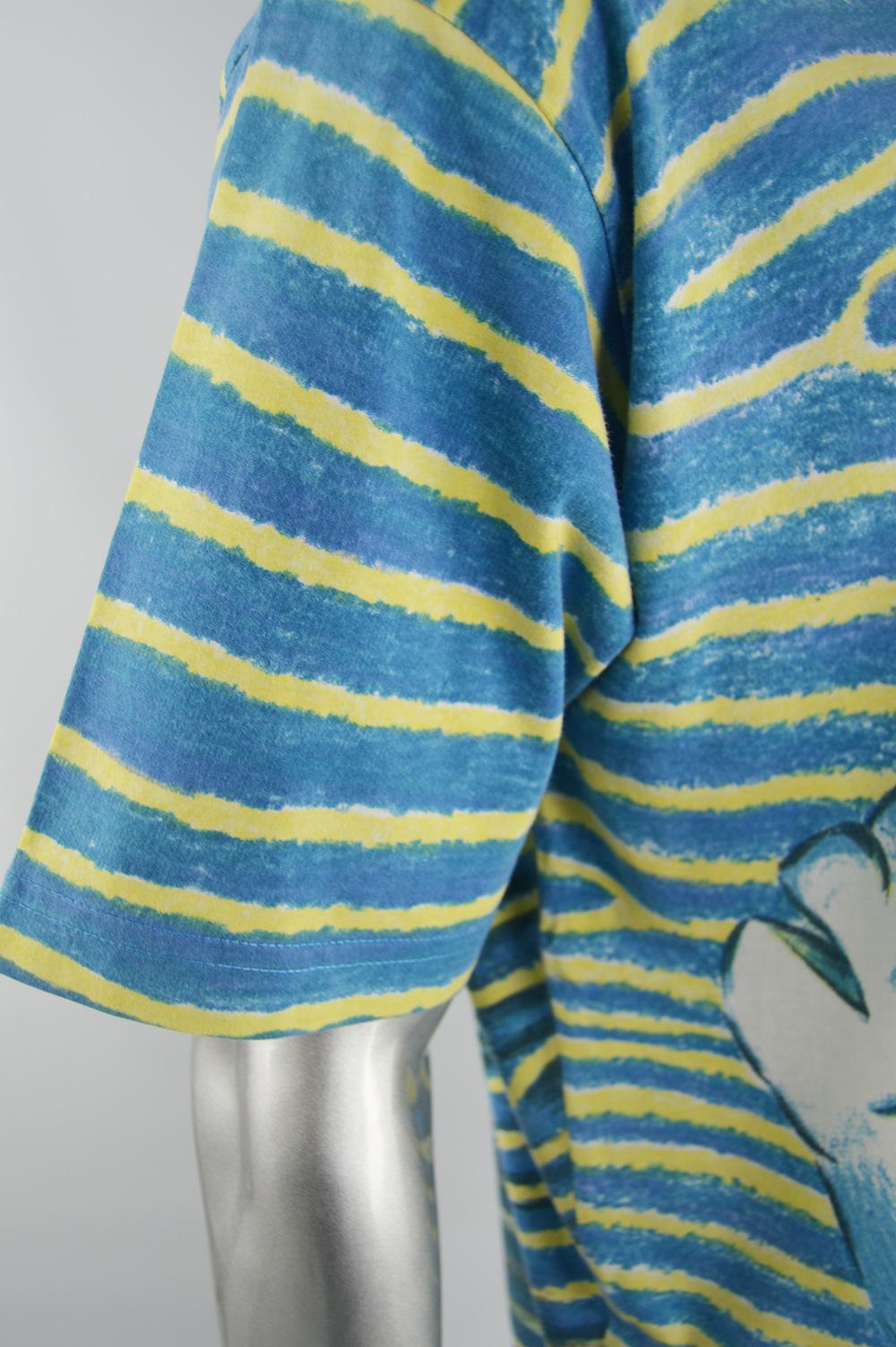 Kenzo Homme Men's Blue & Yellow Cotton Vintage Fish Print Striped T Shirt, 1990s For Sale 1