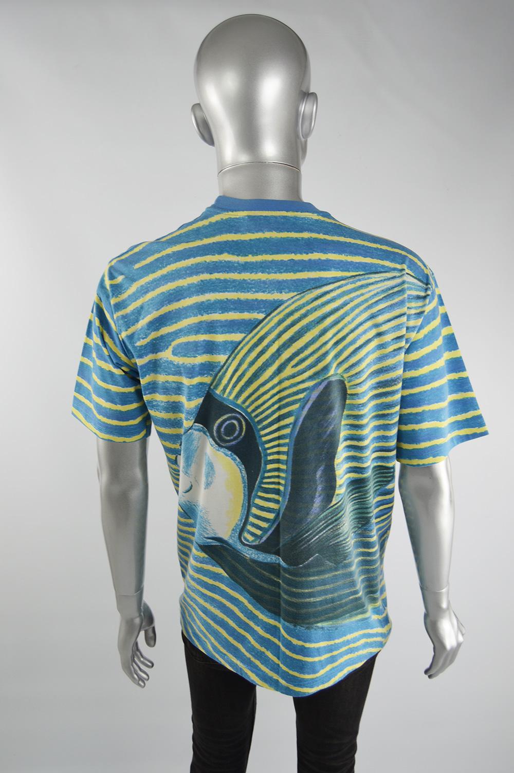 Kenzo Homme Men's Blue & Yellow Cotton Vintage Fish Print Striped T Shirt, 1990s For Sale 2