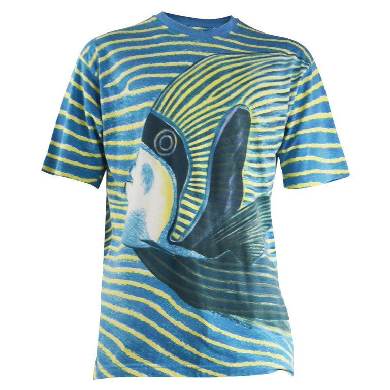 Kenzo Homme Men's Blue and Yellow Cotton Vintage Fish Print Striped T ...