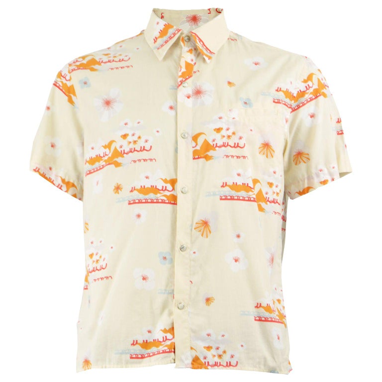 Kenzo Homme Men's Japanese Asian Floral Print Cream Cotton Shirt For