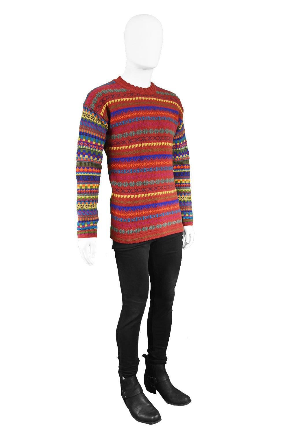 Kenzo Homme Men's Red Geometric Knit Vintage Panelled Sweater, 1980s For Sale 1