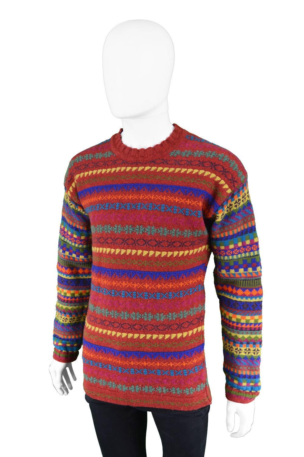 Kenzo Homme Men's Red Geometric Knit Vintage Panelled Sweater, 1980s For Sale 2