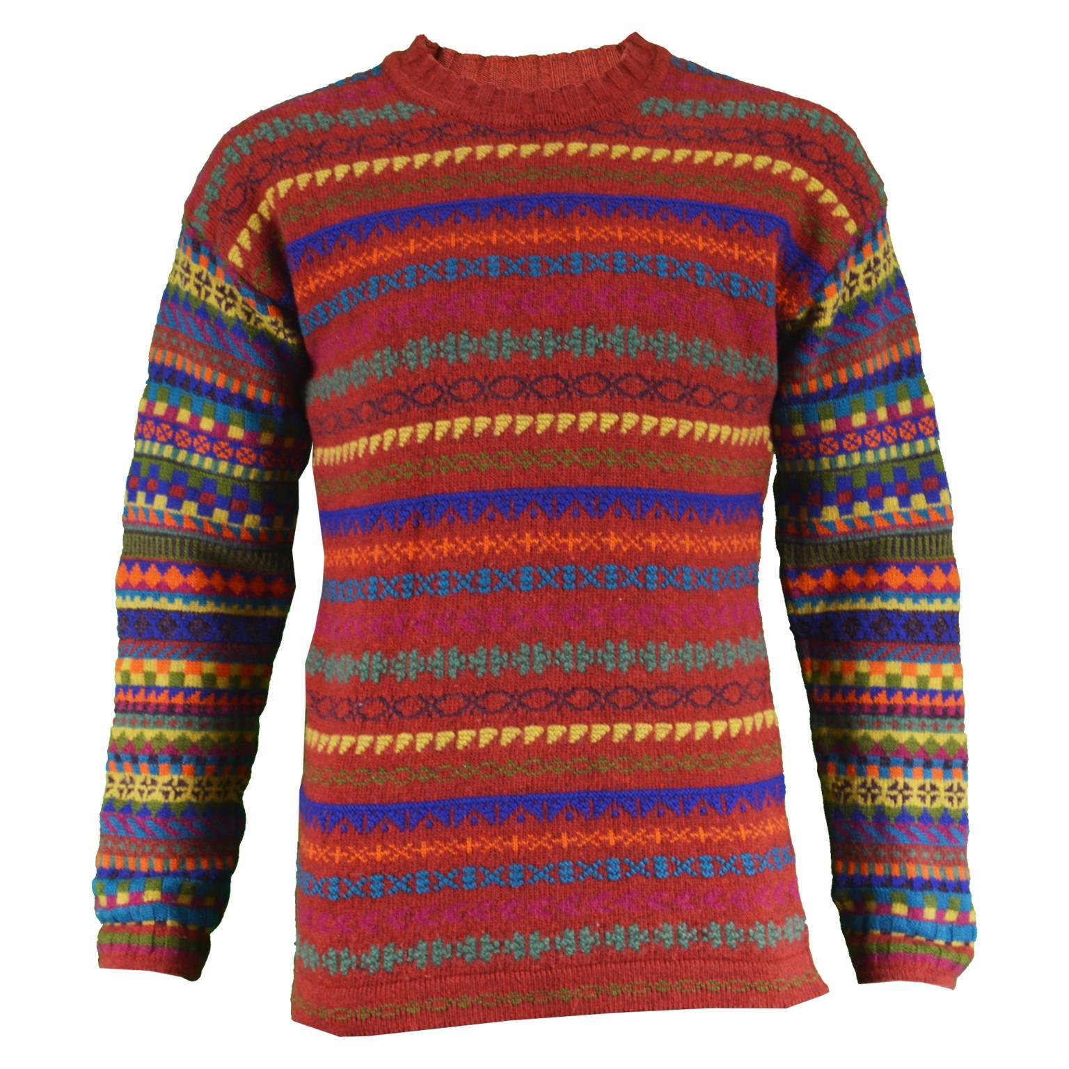 Kenzo Homme Men's Red Geometric Knit Vintage Panelled Sweater, 1980s For Sale