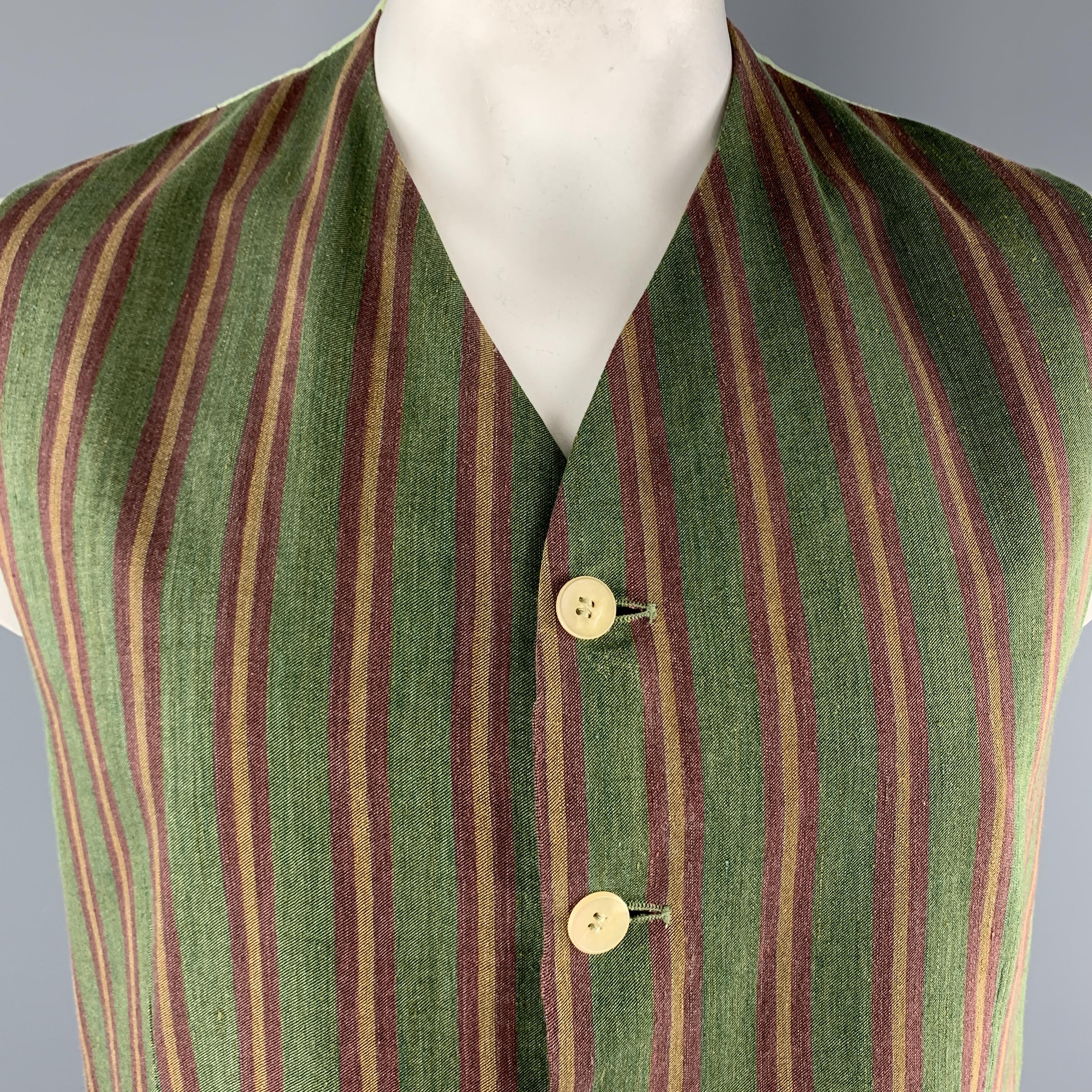 Vintage KENZO HOMME vest comes in green, burgundy and gold striped linen with a pastel lime green back. Made in France.

Excellent Pre-Owned Condition.
Marked: XXL

Measurements:

Shoulder: 14.5 in.
Chest: 46 in.
Length: 27 in.