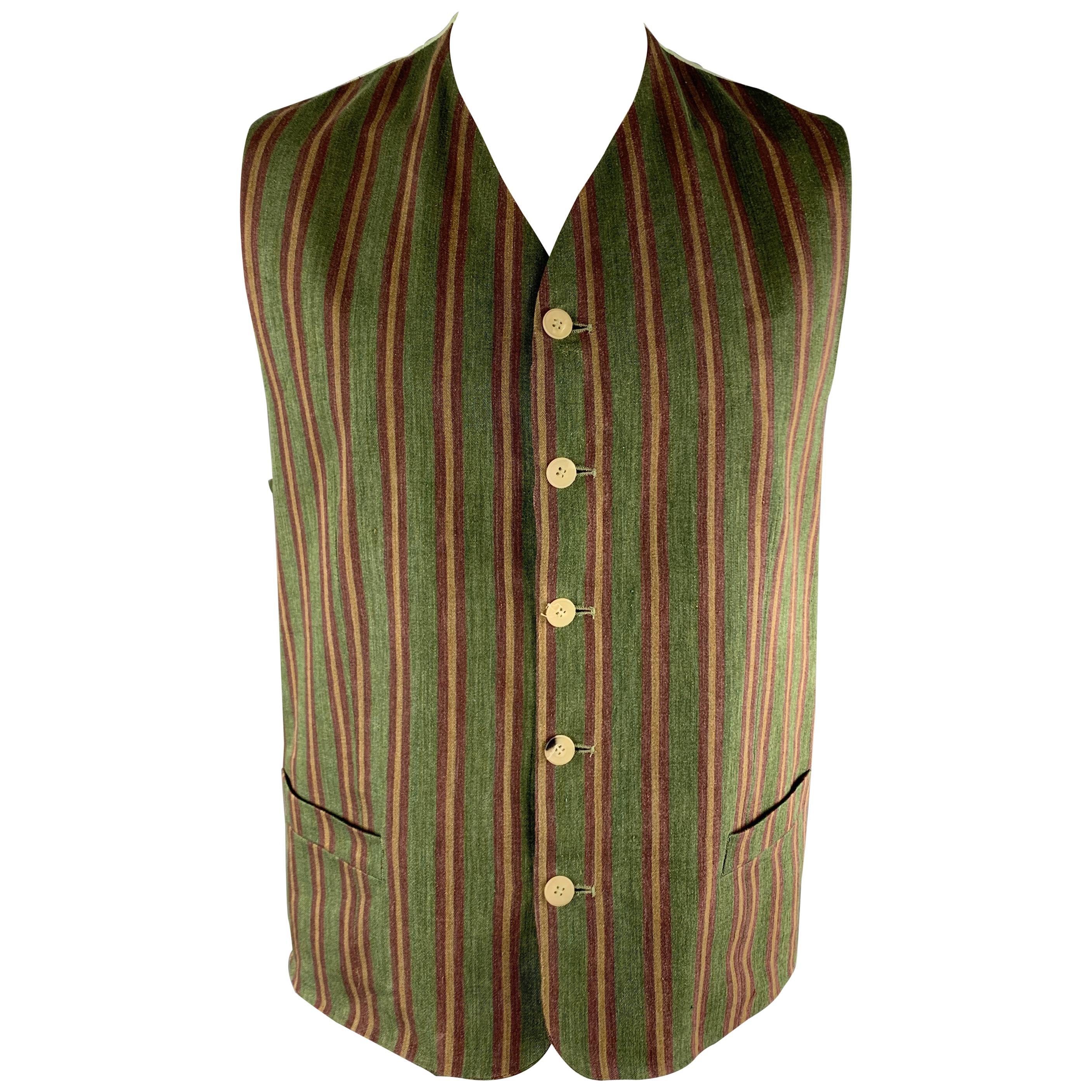 KENZO HOMME Size XXL Green & Burgundy Striped Linen Vest