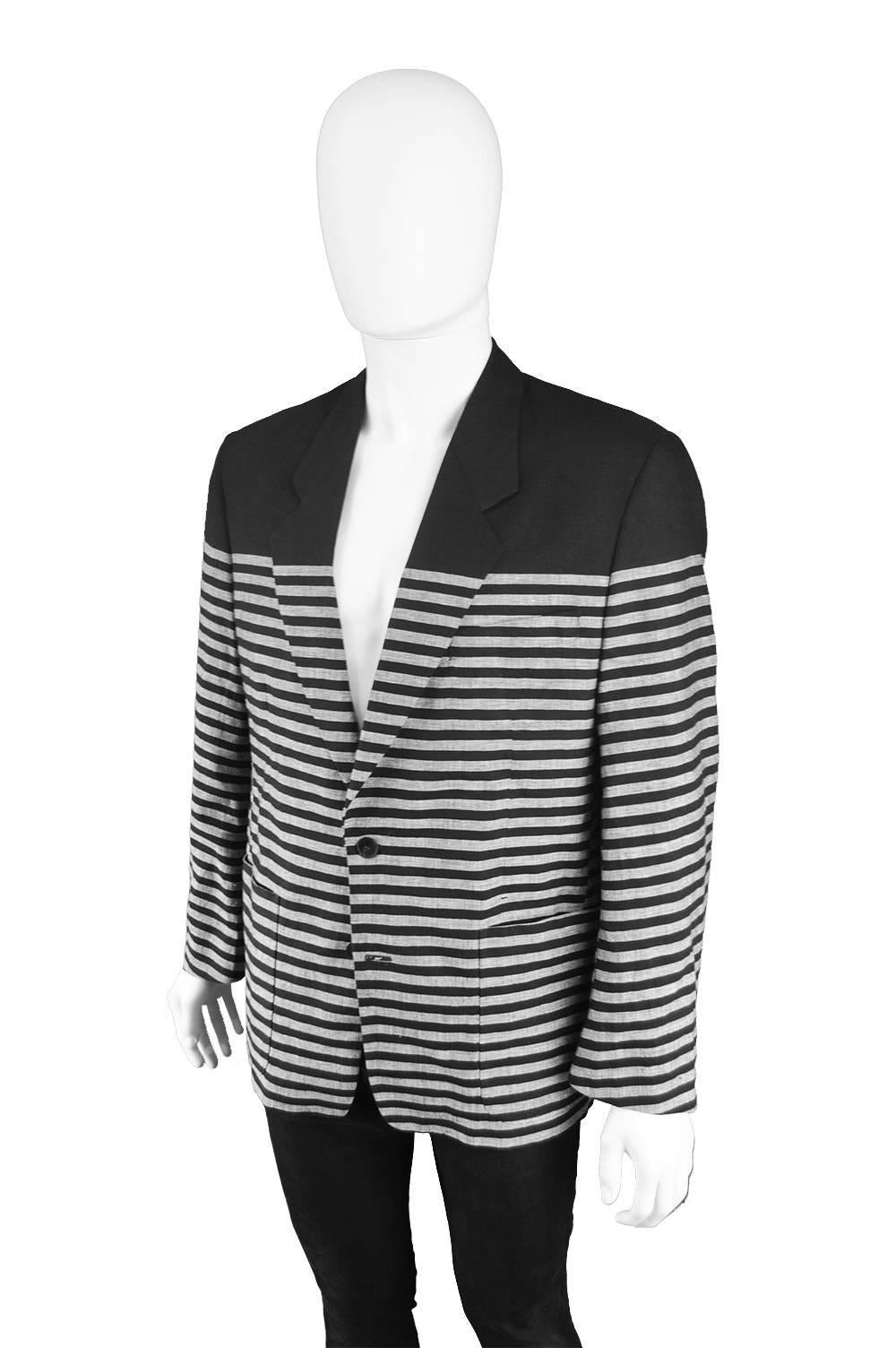 Kenzo Homme Vintage 1980's Linen & Wool Black & Gray Striped Men's Blazer Jacket 2